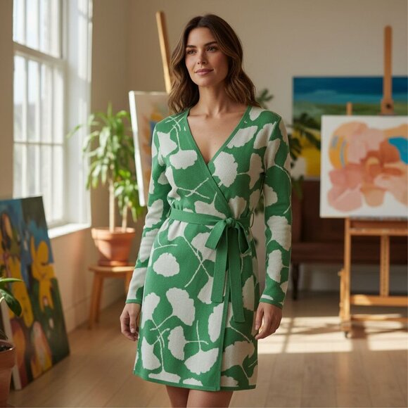 Diane Von Furstenberg XS Green & White Ginko Leaf Wrap Sweater Top Dress - Picture 16 of 16